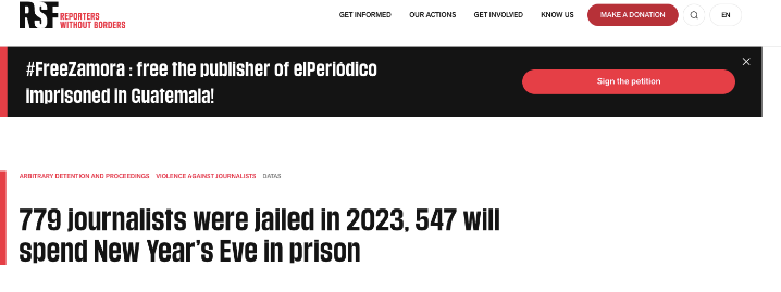 The number of imprisoned journalists in China is as high as 121, making it the world's largest journalist prison for five consecutive years.